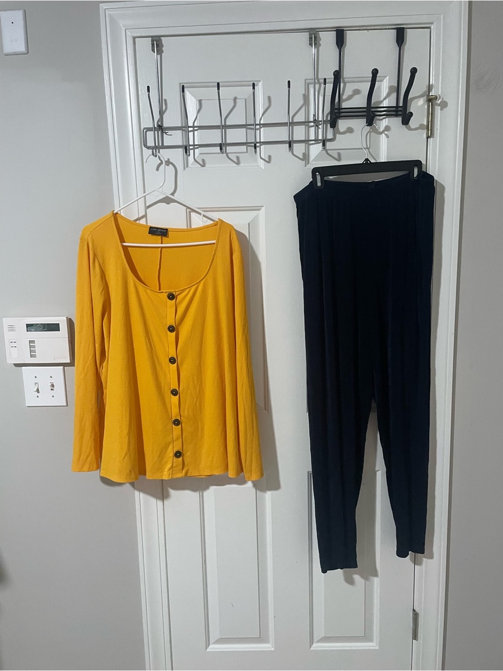 Women's Yellow Button-Front Top and navy Citiknits 2x Pants Set